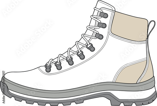 White hiking boot, beige accent, outdoor footwear, rugged sole, lace-up design, durable gear, trekking shoe, ankle support, adventure style, fashion illustration
