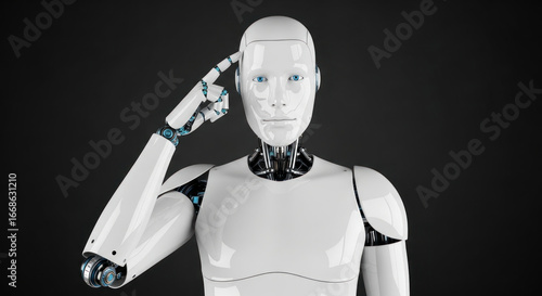 A humanoid robot with a white exterior and blue accents is pondering a question against a dark backdrop
