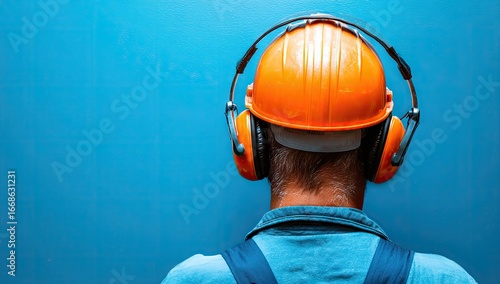 Back of a worker with bright orange hardhat & ear muffs against a blue backdrop