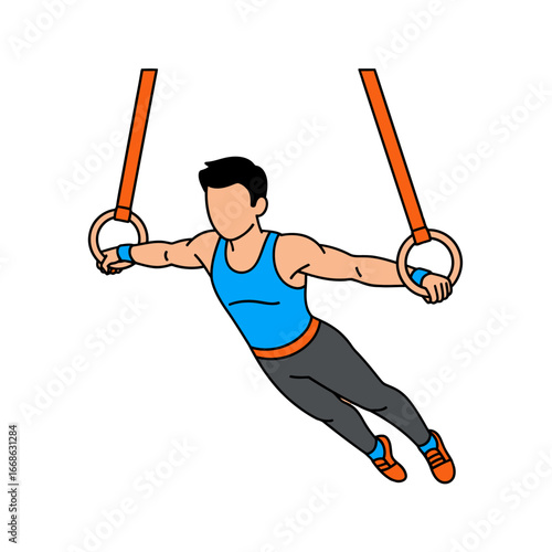 A male gymnast performing a strength move on the rings during a competition.