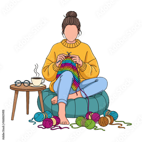 Cartoon Female Knitting a Colorful Scarf