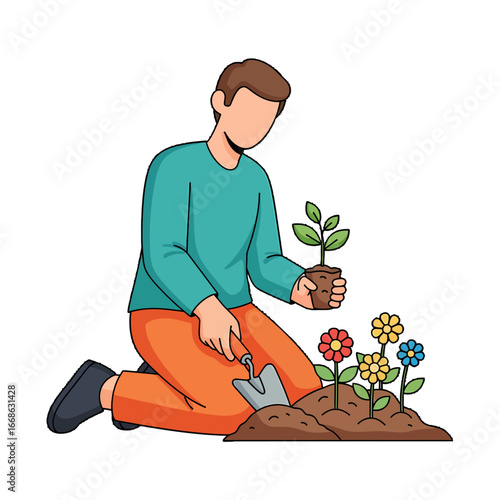 A person kneeling and planting a small green seedling into the soil next to colorful blooming flowers with a trowel.