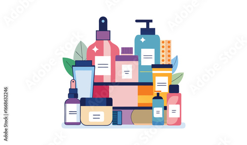 Collection of assorted skincare and cosmetic bottles and jars arranged artistically