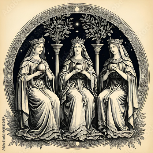 Vintage drawing of The three fates
