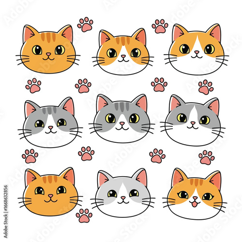Vector illustration of cute cat faces and paws