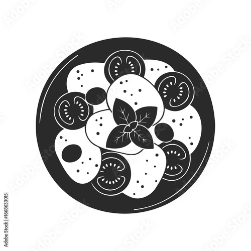Black and white illustration of caprese salad with mozzarella, tomatoes, and basil