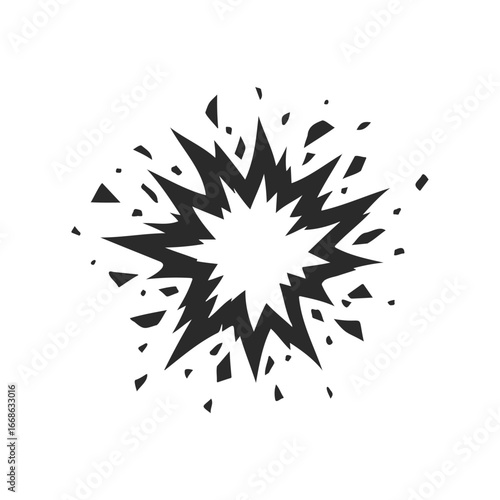 Black explosion burst symbol with angular fragments on white background