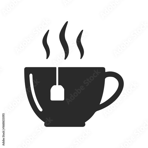 Steaming cup of tea icon with teabag on white background