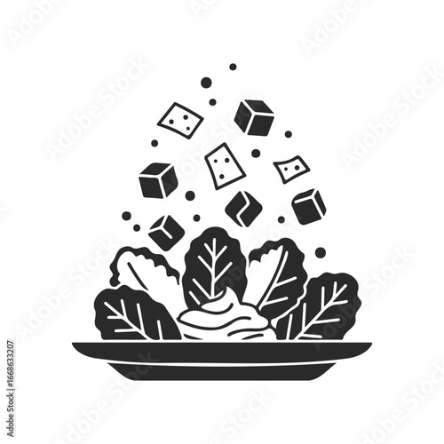 Monochrome salad icon with lettuce, cheese, and croutons illustration