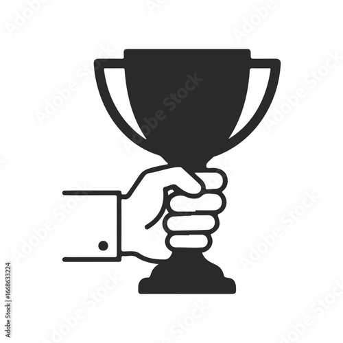 Monochrome icon of a hand holding a trophy cup