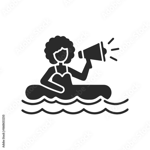 Silhouette of female with megaphone on inflatable in water
