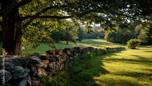 Lush meadow with stone wall under trees