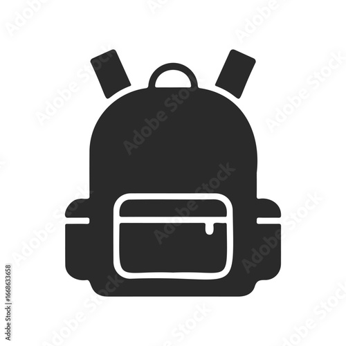Simple black backpack icon with front pocket and straps on white background