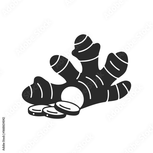 Black and white ginger root icon with sliced pieces