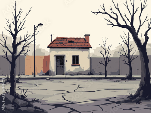 Abandoned House in Desolate Urban Landscape
