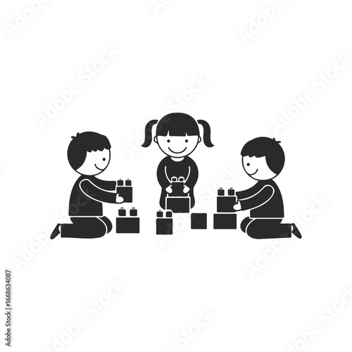 Children playing with building blocks: fun playtime illustration of kids engaged in creative activity