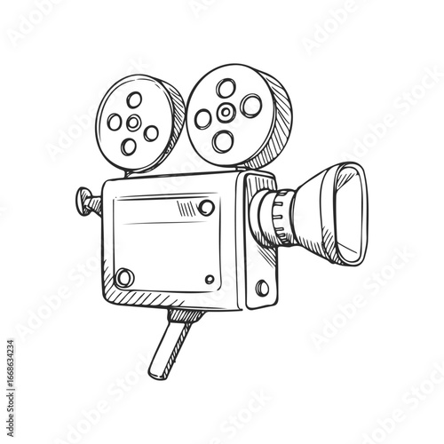Retro film camera sketch with reels and lens