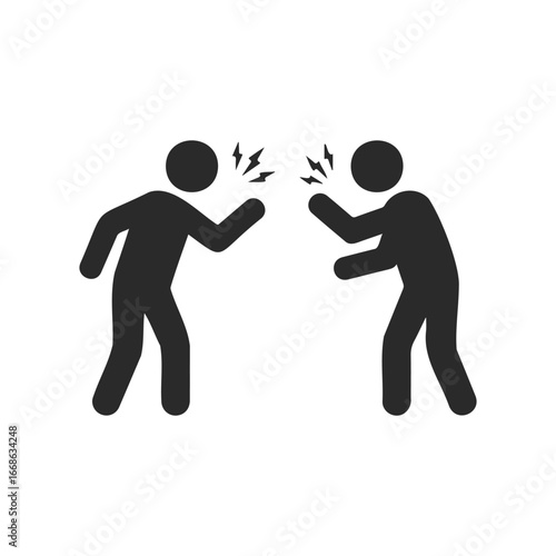 Silhouette illustration of two figures in conflict with gestures and symbols