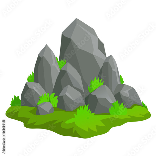 A stylized illustration of gray rocky mountains or boulders with bright green grass and vegetation growing around and between them, creating a natural landscape scene.

