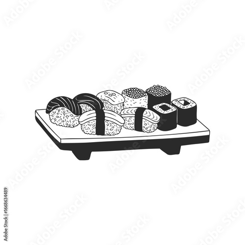 Assorted sushi platter: nigiri, maki, and rolls