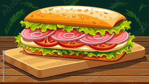  Very beautiful Submarine sandwich on wooden board with lettuce cheese ham and tomato. Delicious deli lunch or dinner food. Fresh tasty meal, fast food, sandwich shop menu concept