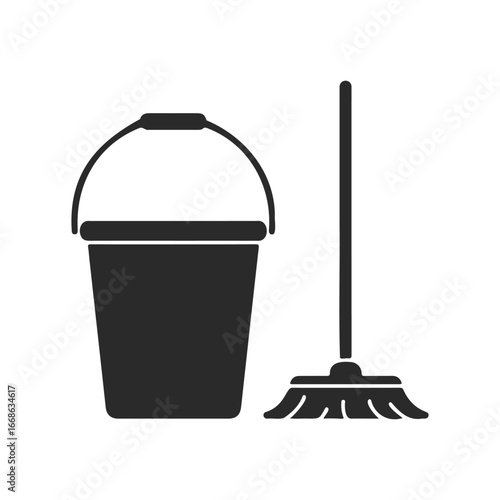 Black silhouette of cleaning mop and bucket on white background