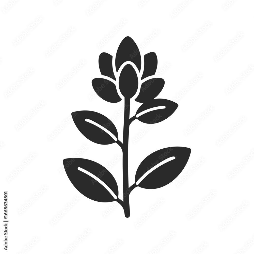 Obraz premium Silhouette of a stylized plant with leaves and buds on white background
