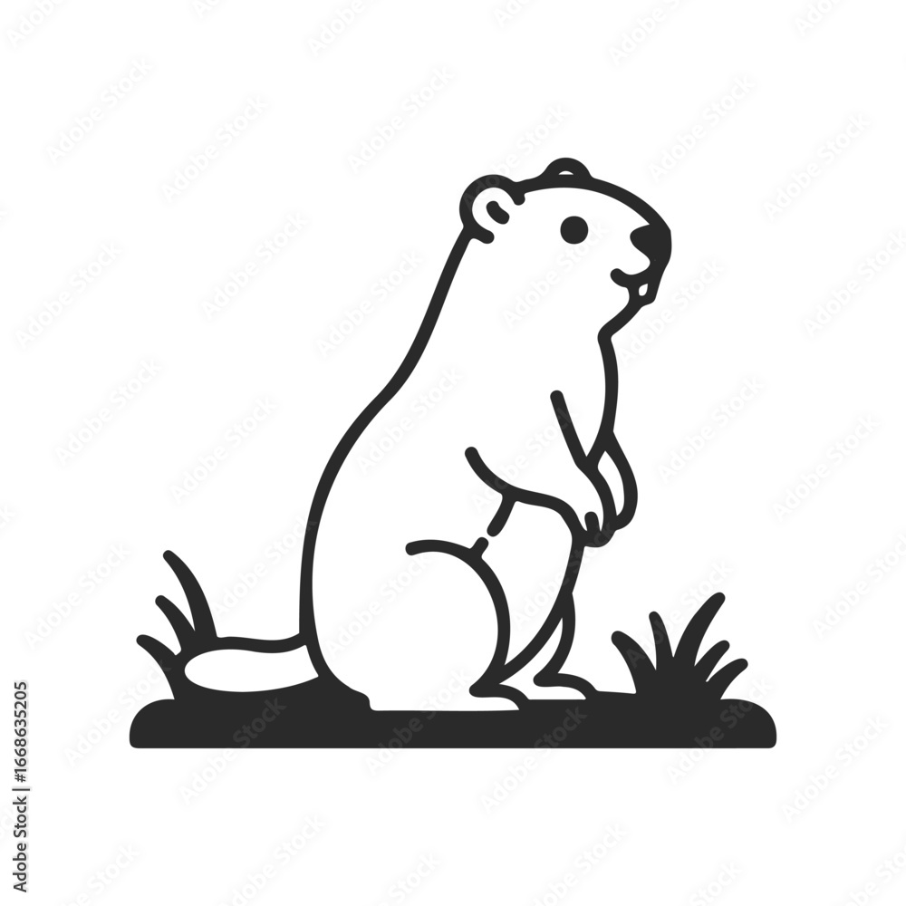Fototapeta premium Black and white groundhog illustration standing on grass