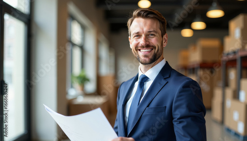 Confident businessman in warehouse holding documents with smile.