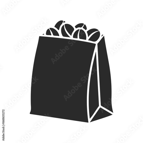 Minimalistic silhouette of a coffee bean bag on white background