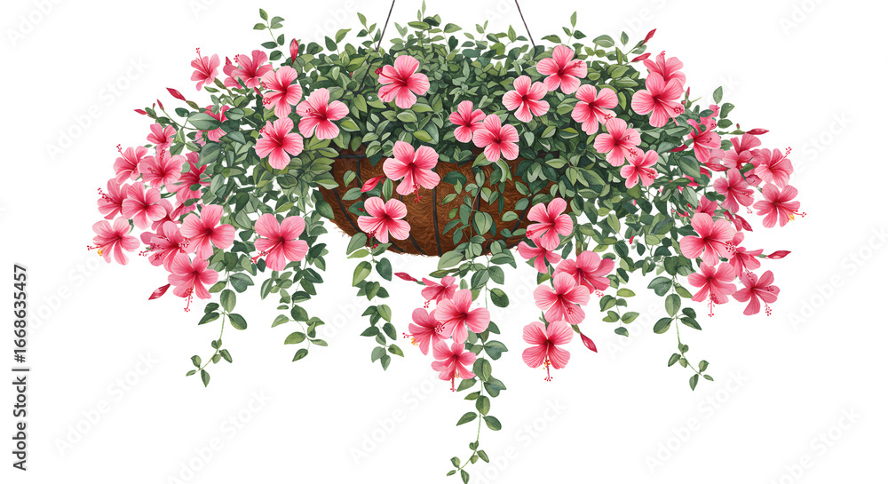 Fototapeta premium Beautiful pink flowering plant in hanging basket for garden decor, ideal for floral design and landscaping - Isolated White Background