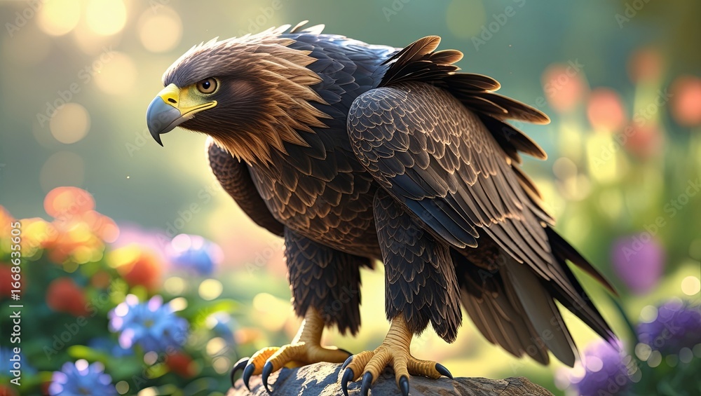 Fototapeta premium Golden Eagle Perched Among Colorful Flowers