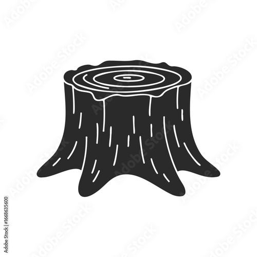 Silhouette of tree stump with detailed rings and roots on white background