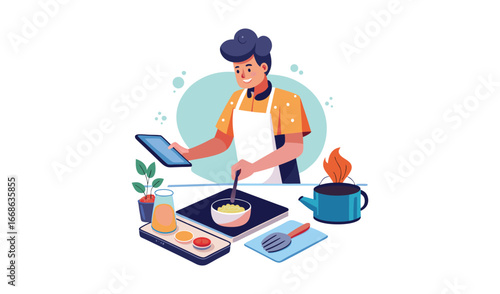 Man cooking following a recipe on a tablet device in a modern kitchen