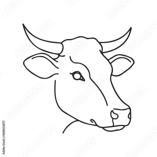 Simple line drawing of cow head with horns on white background
