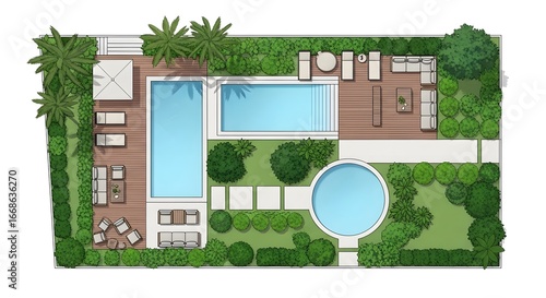 Photo of topdown view of a backyard landscape design with pool, hot tub, and seating areas