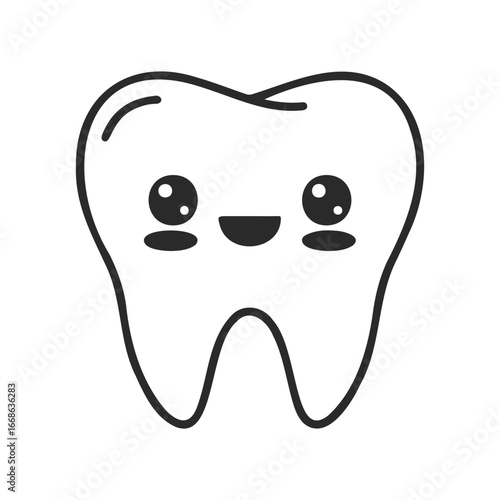 Cute smiling tooth character with facial features in black and white drawing