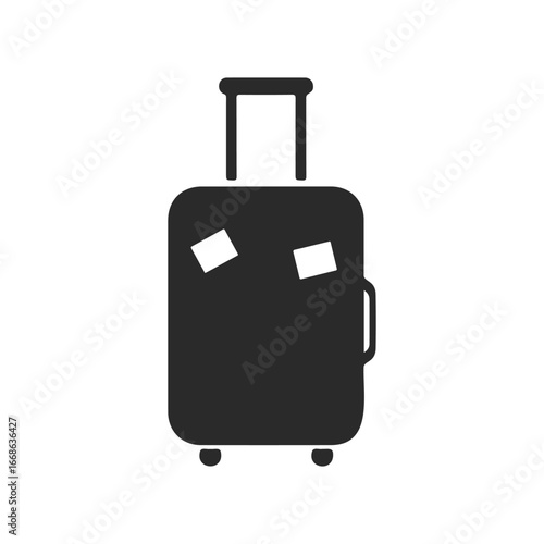 Minimalist black suitcase icon with handle and travel stickers