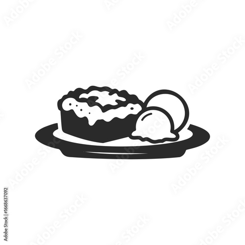 Classic apple pie with ice cream on plate icon – monochrome illustration