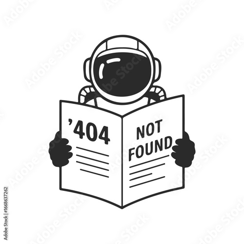 Astronaut reading newspaper with '404 not found' error on cover