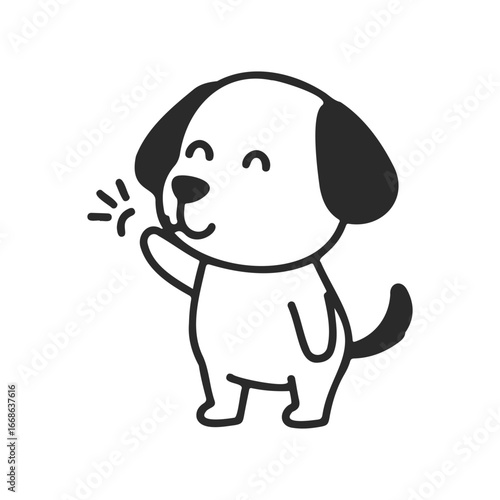Cute cartoon dog waving cheerfully on white background