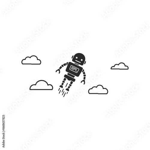 Cartoon robot flying with jetpack among clouds in minimalist black and white design