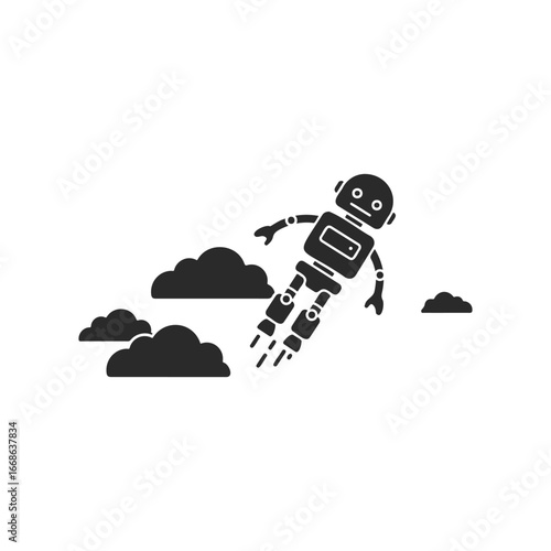 Silhouette of flying robot with clouds in minimalist design