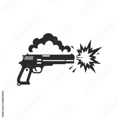 Silhouette of a gun firing with smoke and flash on white background