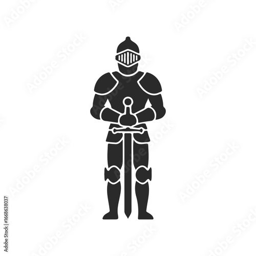 Medieval knight silhouette in armor with sword on white background