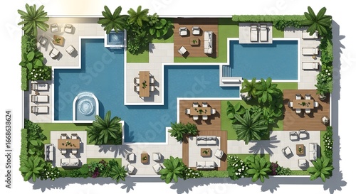 Photo of aerial view of a luxurious modern swimming pool complex with tropical landscaping and outdoor amenities