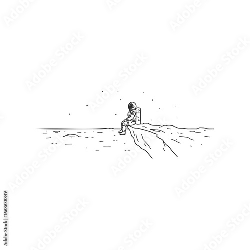 Solitary astronaut sitting on cliff under starry sky in minimalist black and white illustration