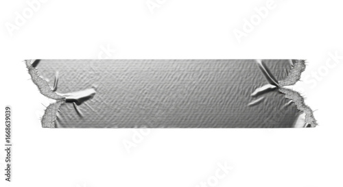 Close-up of a strip of silver duct tape, torn at both ends, isolated on a white background.