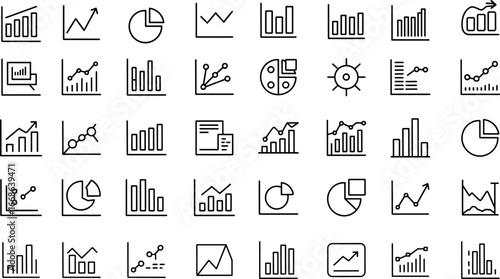 Graph Outline Icon Set – Minimal thin line chart icons including bar chart, pie chart, growth curve, statistics, analytics, and report symbols. Perfect for business, finance, data visualization, infog