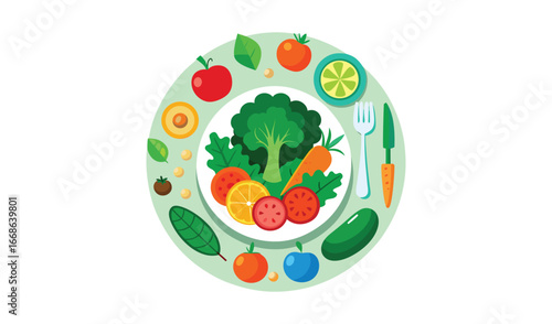 Healthy eating plate with fresh fruits and vegetables assortment